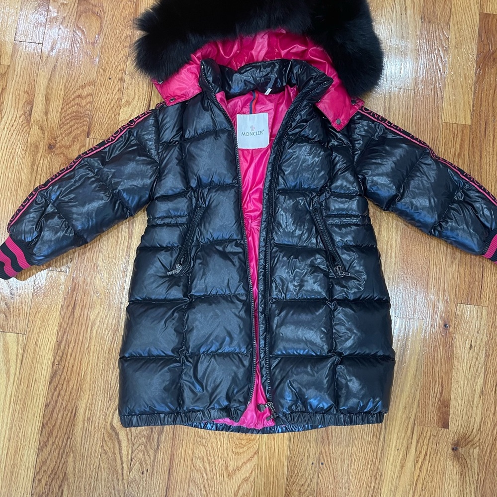 Moncler Black Puffer Coat with Pink Accents